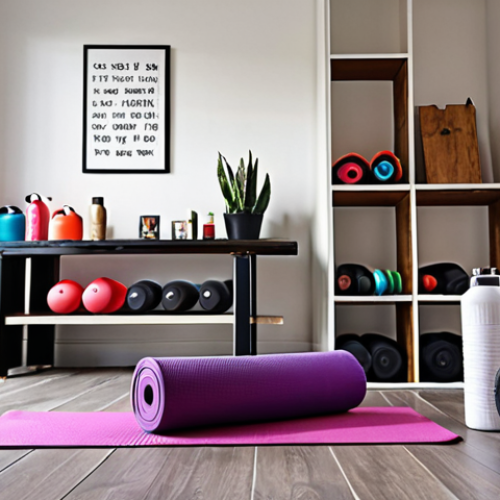 **A cozy home workout space:** A well-lit room with a yoga mat, resistance bands, and everyday objects creatively used as weights (water bottles, rice bag). Include a mirror and motivational quote art on the wall. Focus on creating a sense of comfortable and accessible fitness at home.