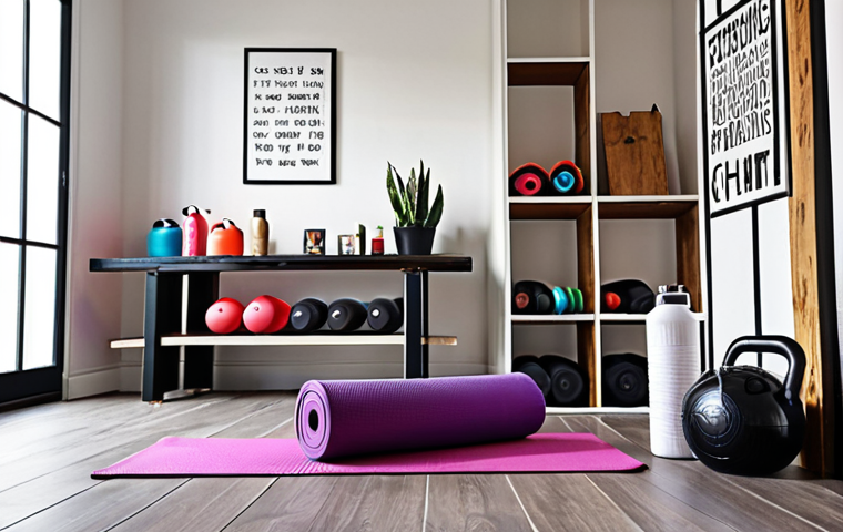 **A cozy home workout space:** A well-lit room with a yoga mat, resistance bands, and everyday objects creatively used as weights (water bottles, rice bag). Include a mirror and motivational quote art on the wall. Focus on creating a sense of comfortable and accessible fitness at home.